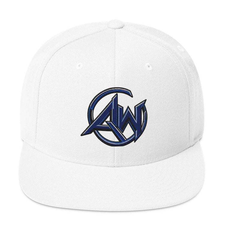 A white structured baseball cap with a flat brim, featuring a dark blue and black embroidered circular 'AW' logo on the front panel.