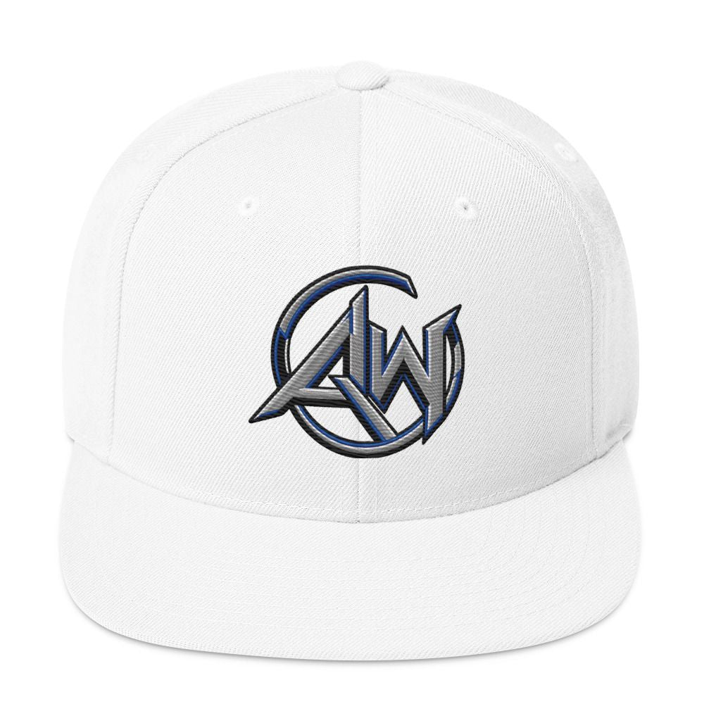 A white structured baseball cap with a flat brim, featuring a stylized embroidered 'AW' logo in metallic silver and blue on the front panel, set against a plain white background.