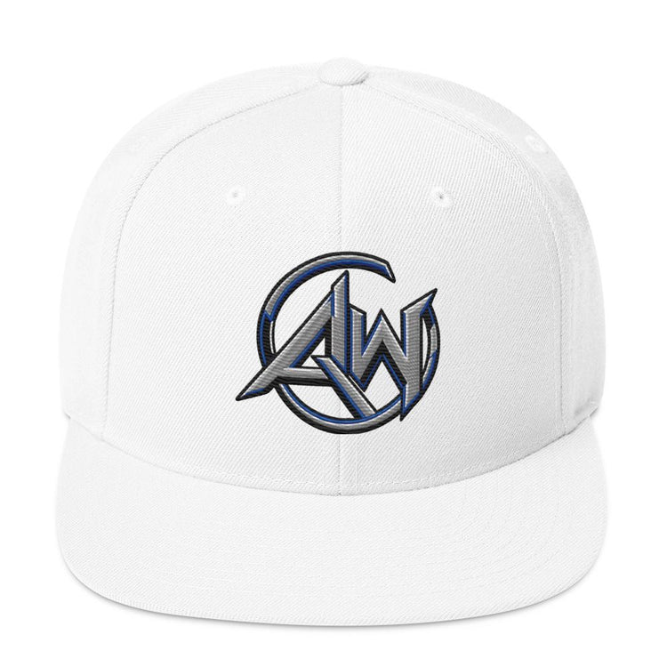 A white structured baseball cap with a flat brim, featuring a stylized embroidered 'AW' logo in metallic silver and blue on the front panel, set against a plain white background.