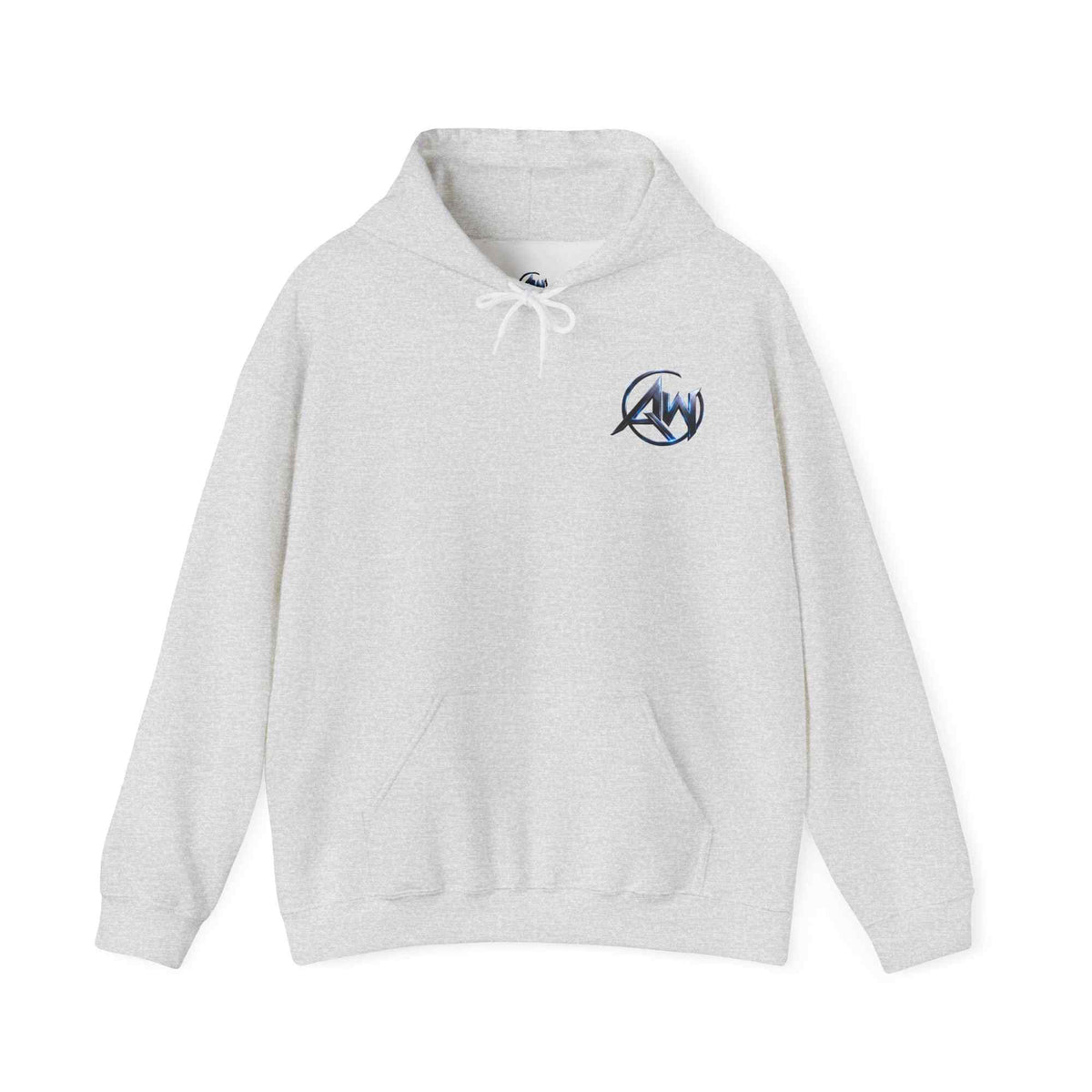 Light grey graphic hoodie with AW signature emblem print – bold streetwear pullover