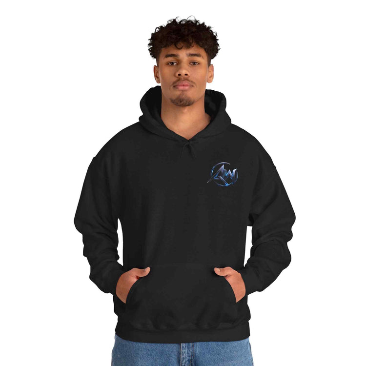 Grey graphic pullover hoodie front view with bold AW Cyber Crest emblem – streetwear