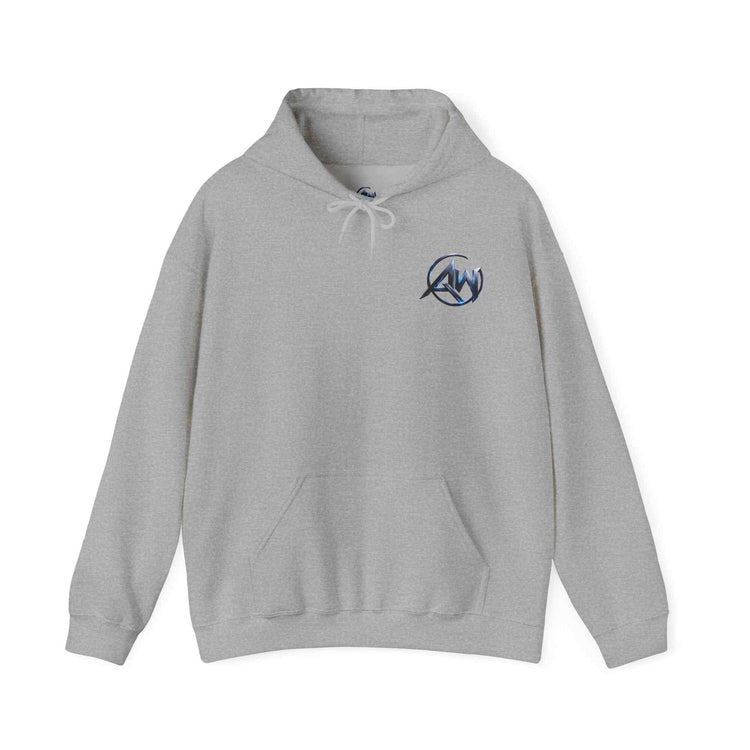 Grey graphic streetwear hoodie with AW Cyber Crest emblem – bold pullover front view