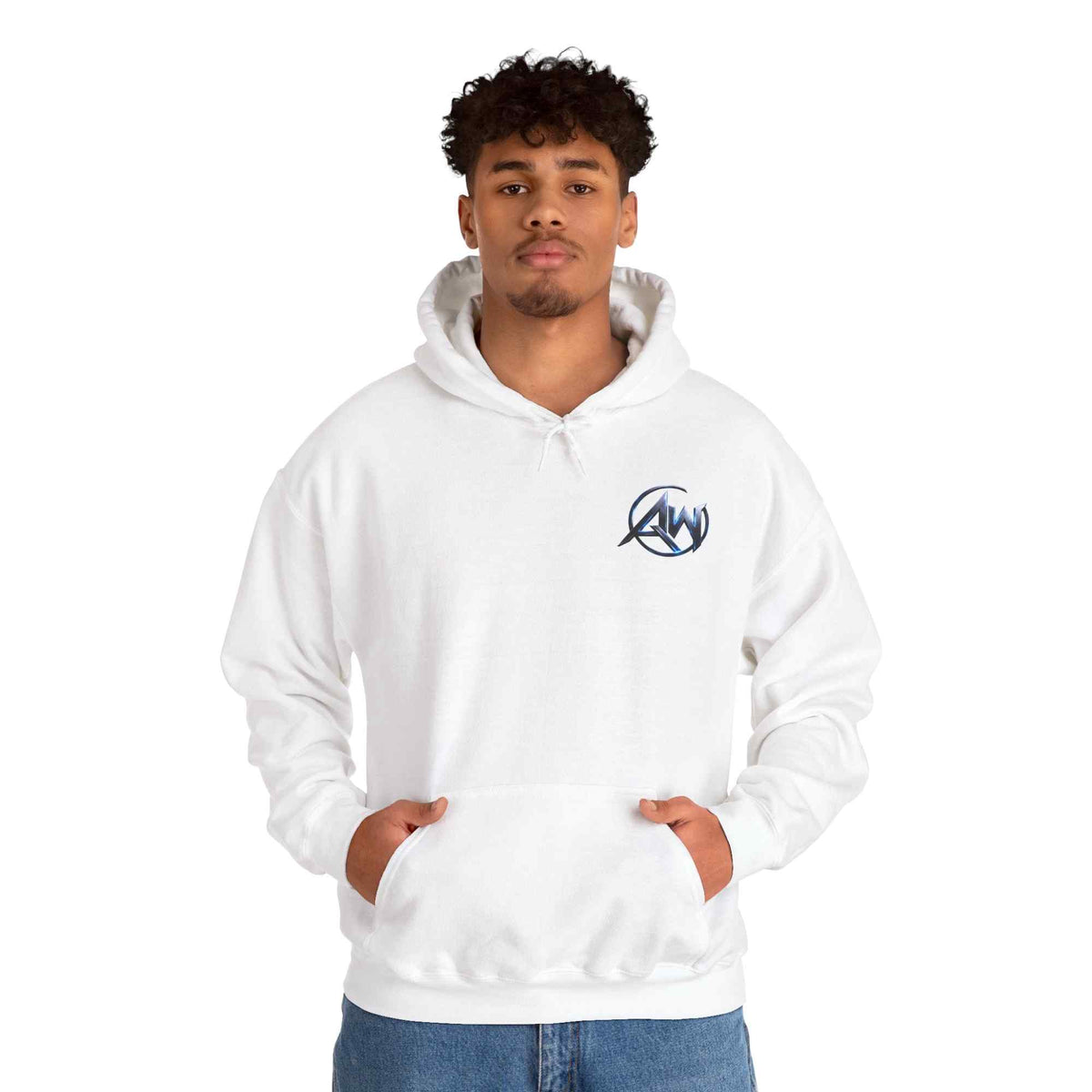 White graphic hoodie flat lay with Leave Your Mark AW emblem – streetwear pullover