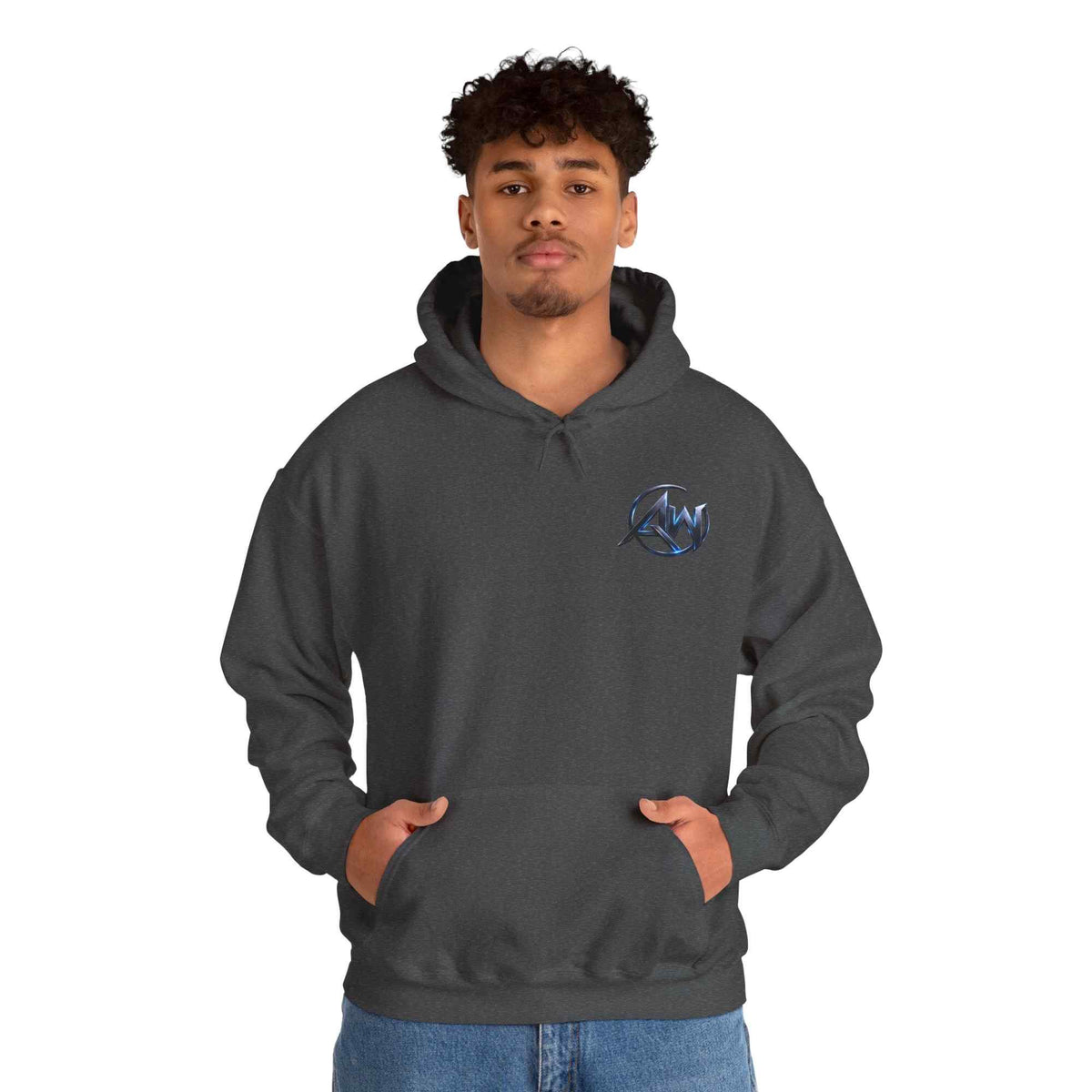 Dark streetwear hoodie with Leave Your Mark graphic print – angled pullover view