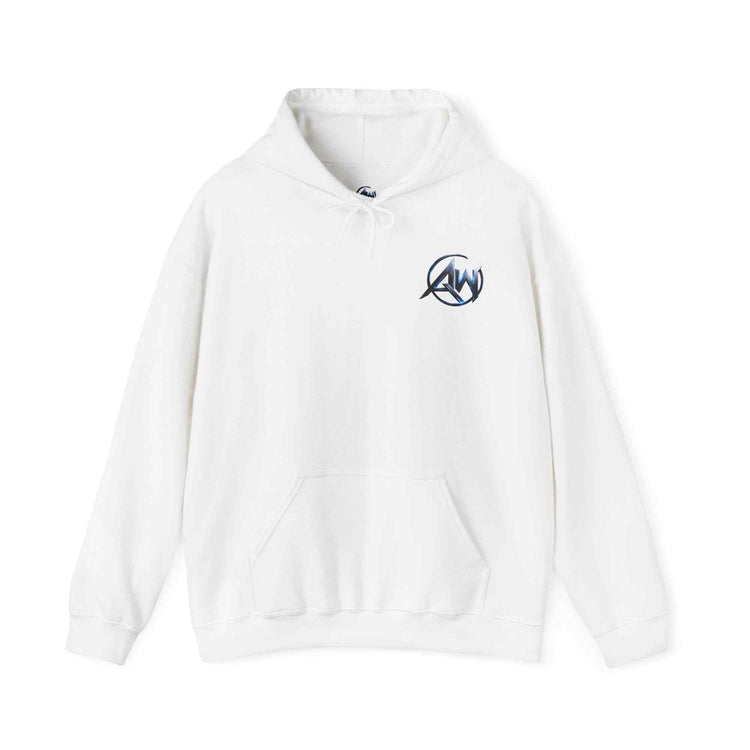 White streetwear hoodie with Leave Your Mark graphic print – angled pullover view