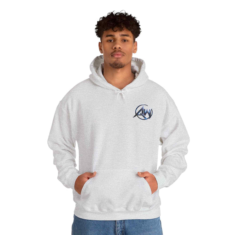 Model wearing black graphic pullover hoodie with bold AW emblem – fierce streetwear