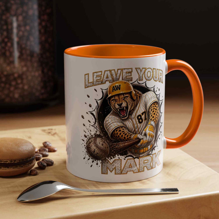 Hyena Baseball Leave Your Mark Baseball Sports Ceramic  Orange Color Accent Coffee Mug  Right Side View With Macaroon and spoon Coffe beans Back Gound Mockup- Americanwolf87