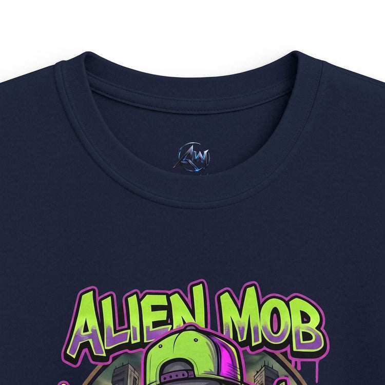 Kids' Alien Mob Space Graphic Blue Color  Close Up View Neck Label