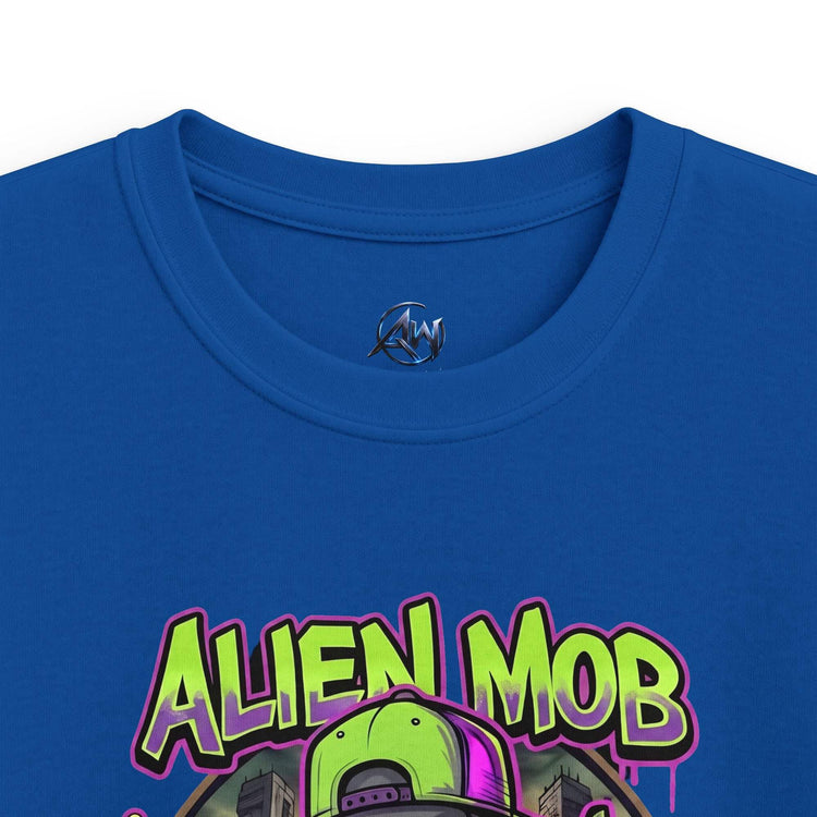 Kids' Alien Mob Space Graphic  Royal Blue Tee - Close Up View Neck Label