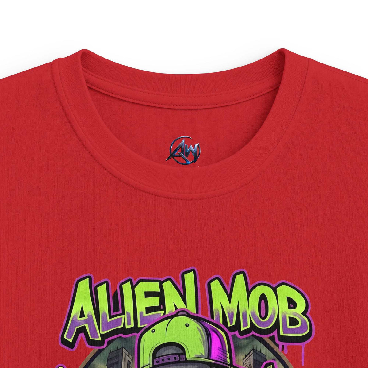 Kids' Alien Mob Space Graphic  Red Color Tee - Close Up View Neck Label 