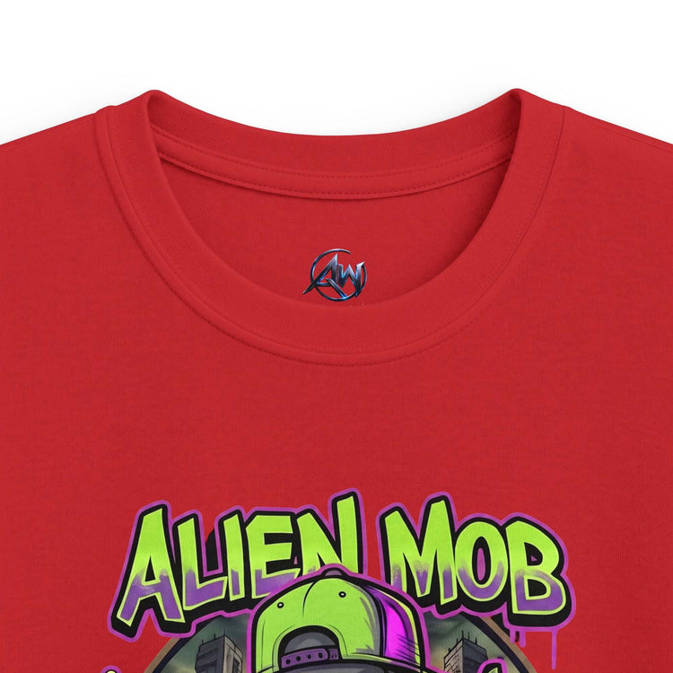 Kids' Alien Mob Space Graphic  Red Color Tee - Close Up View Neck Label 