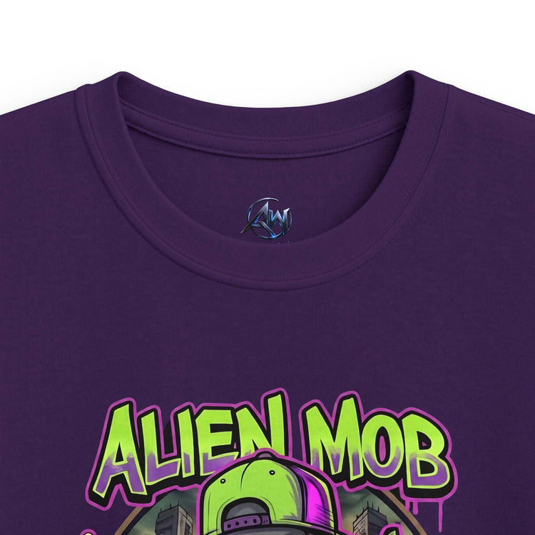 Kids' Alien Mob Space Graphic Purple Color Tee - Close Up View Neck Label