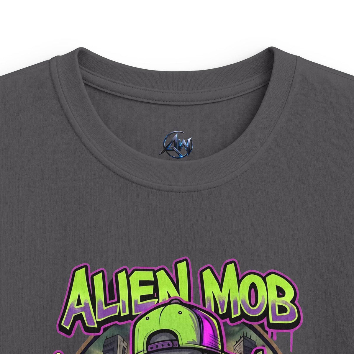 Kids' Alien Mob Space Graphic Tee - Close up look neck label grey color front view