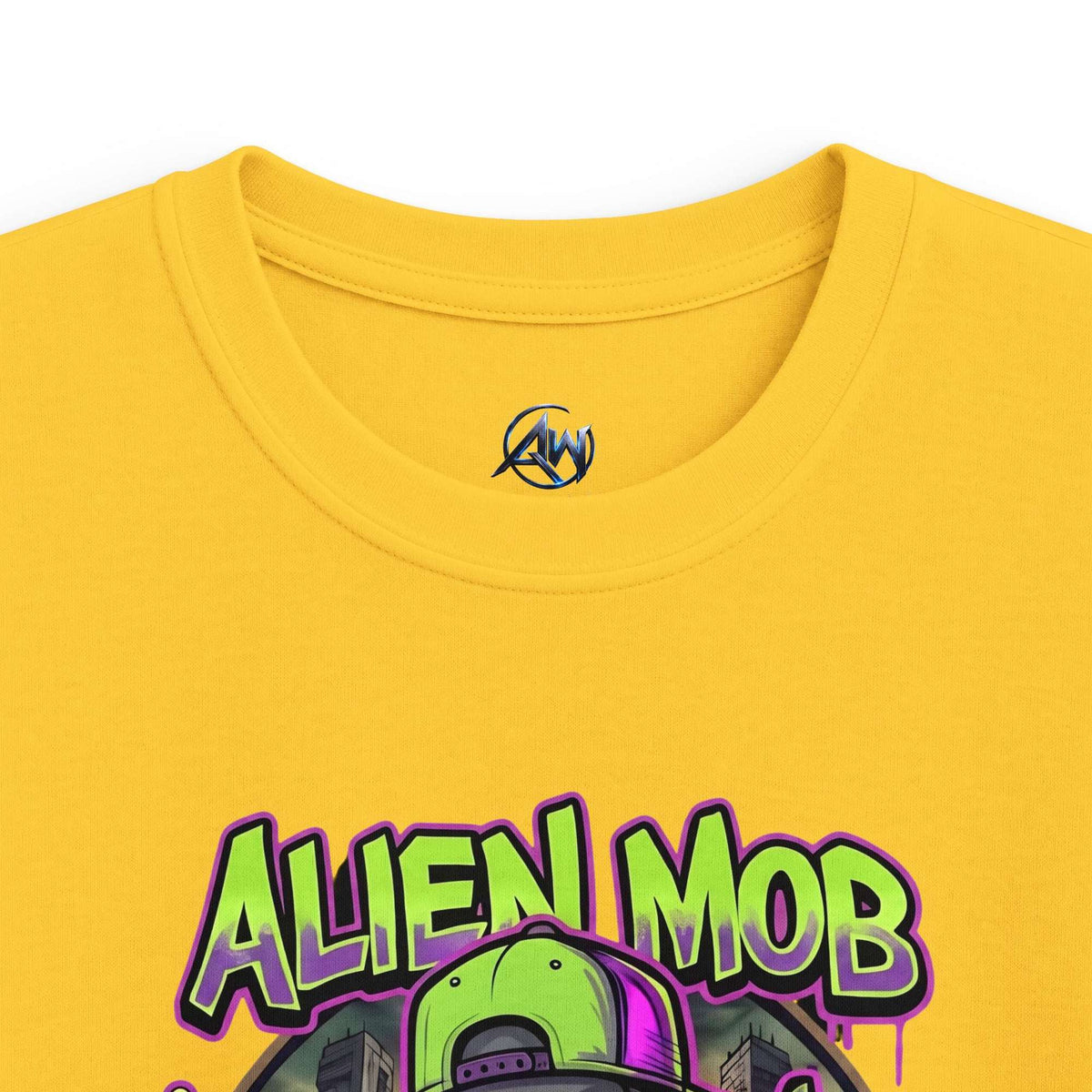 Kids' Alien Mob Space Graphic Yellow  Tee - Close Up View Neck Label