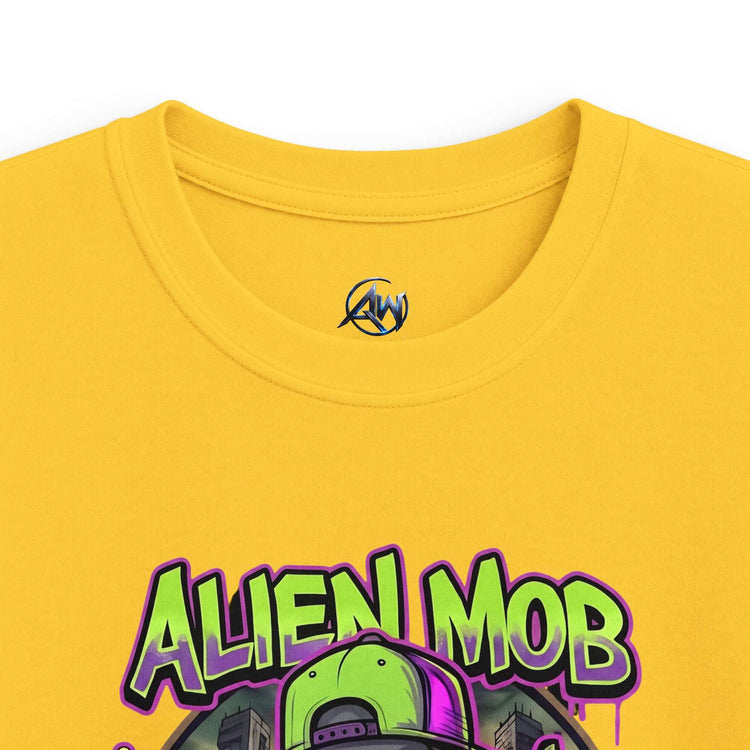 Kids' Alien Mob Space Graphic Yellow  Tee - Close Up View Neck Label