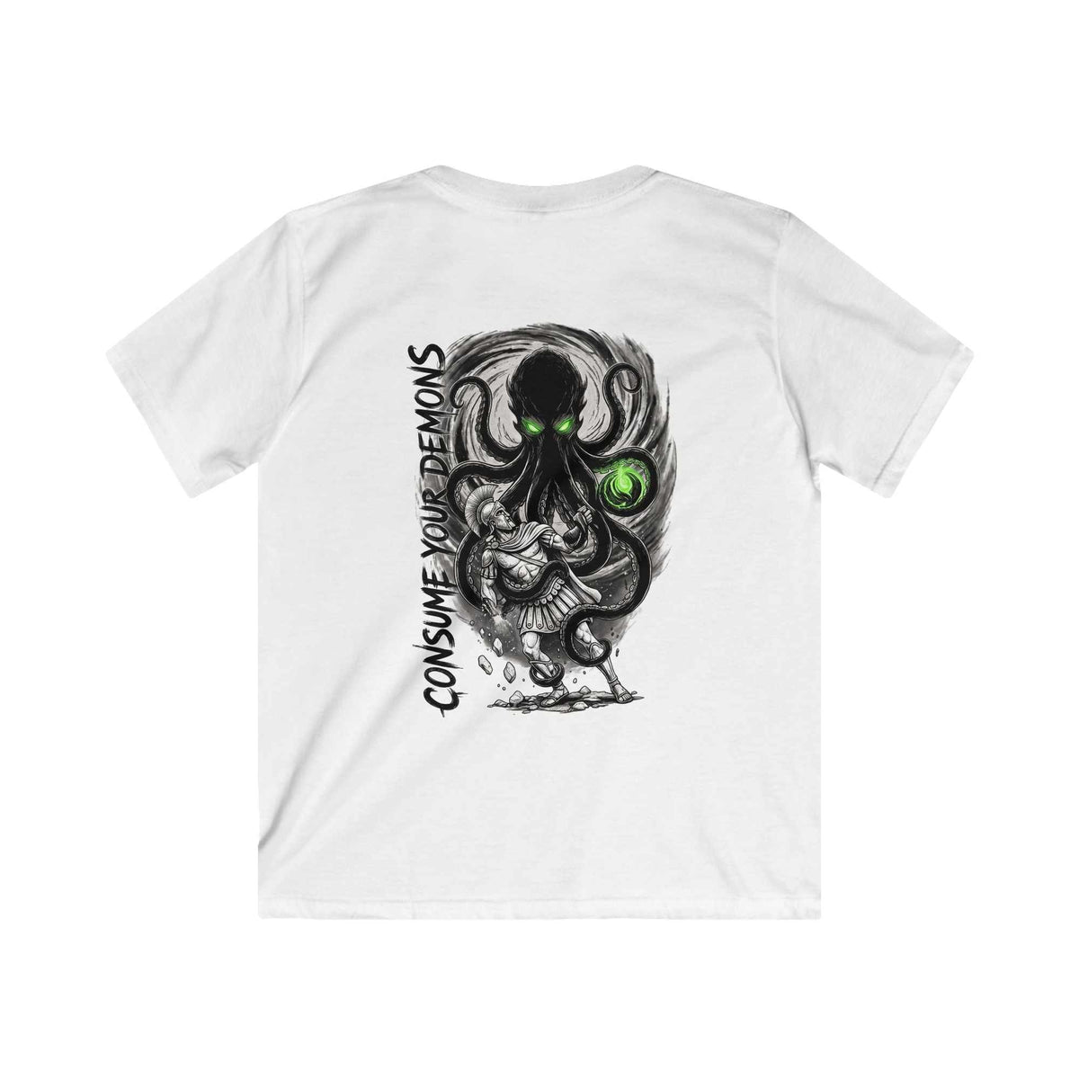Kids T-Shirt 'Consume Your Demons' The Kraken Octopus Graphic Tee - on a white color tee back view