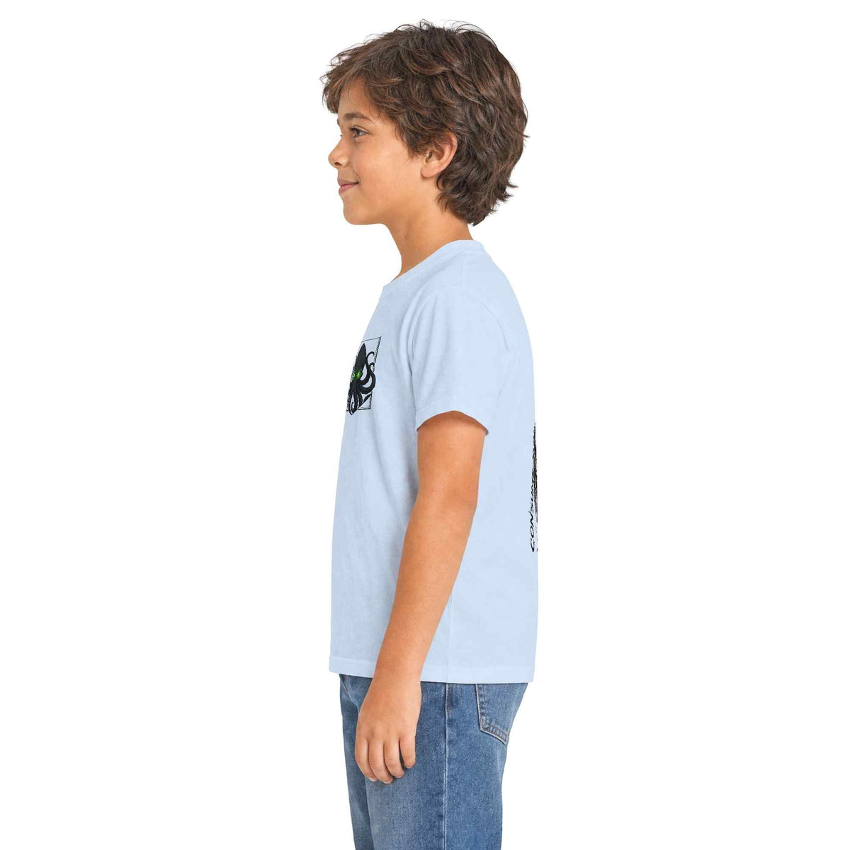 Kids T-Shirt 'Consume Your Demons' The Kraken Octopus Graphic Tee - A Kid Model Right Side View Wearing A Light Blue Color Tee