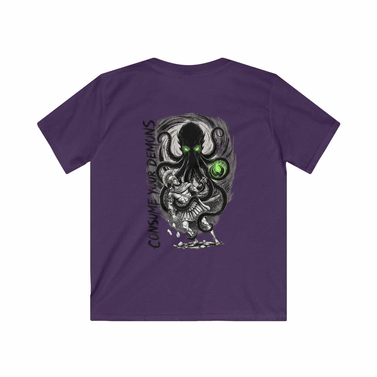 Kids T-Shirt 'Consume Your Demons' The Kraken Octopus Graphic Tee- Purple Color Tee Back View