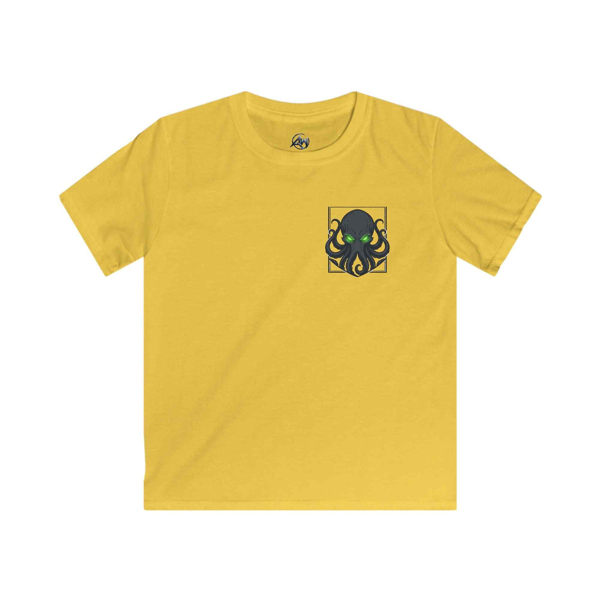 Kids T-Shirt 'Consume Your Demons' The Kraken Octopus Graphic Tee - on a yellow color tee front view