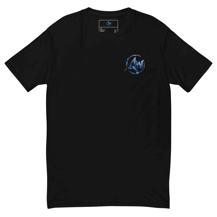 A black short-sleeve crewneck t-shirt with a small blue and white circular AW logo on the left chest, displayed flat against a solid white background.