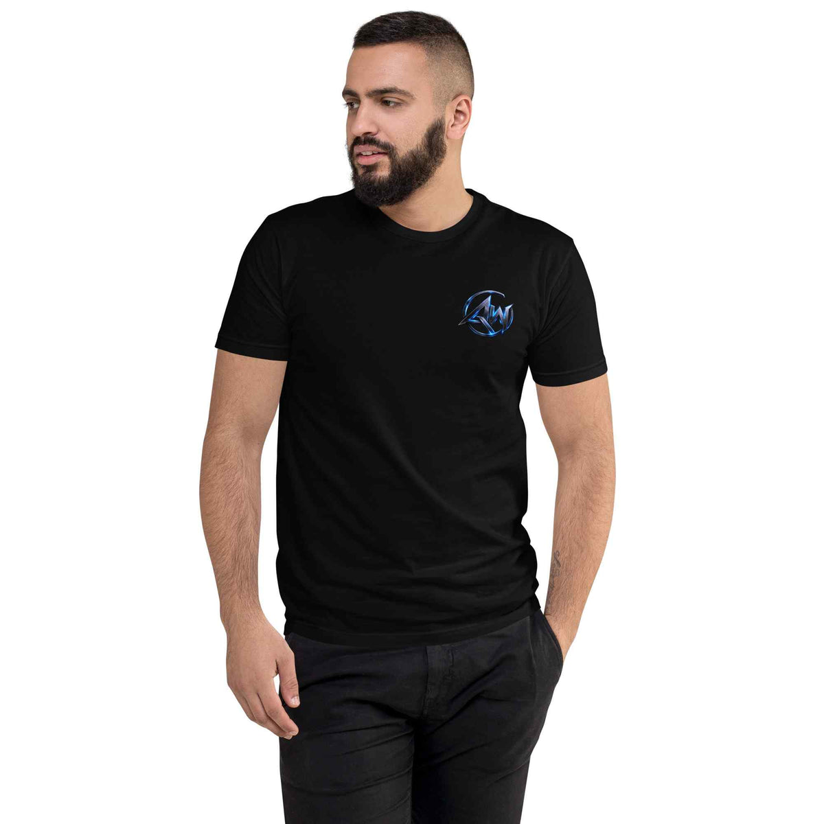 A man wearing a black short-sleeve crewneck t-shirt with a small blue and white circular AW logo on the left chest, paired with black pants, set against a plain white background.