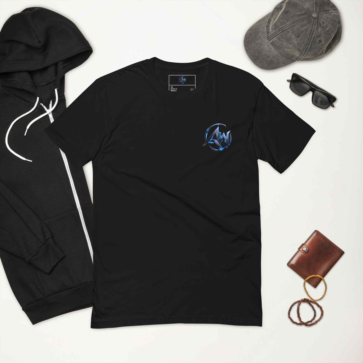 Black t-shirt with AW logo, hoodie, cap, sunglasses, wallet, and keys on a white background