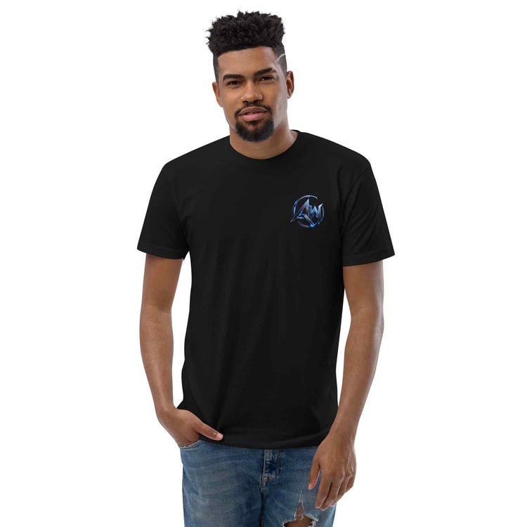 Man wearing a black t-shirt with AW logo on a white background