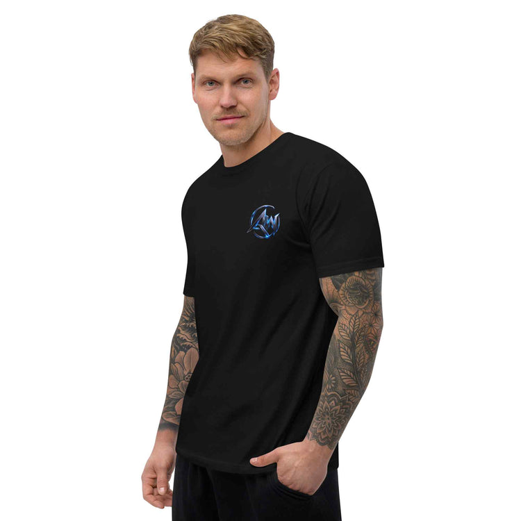 Man wearing a black t-shirt with AW logo on a white background