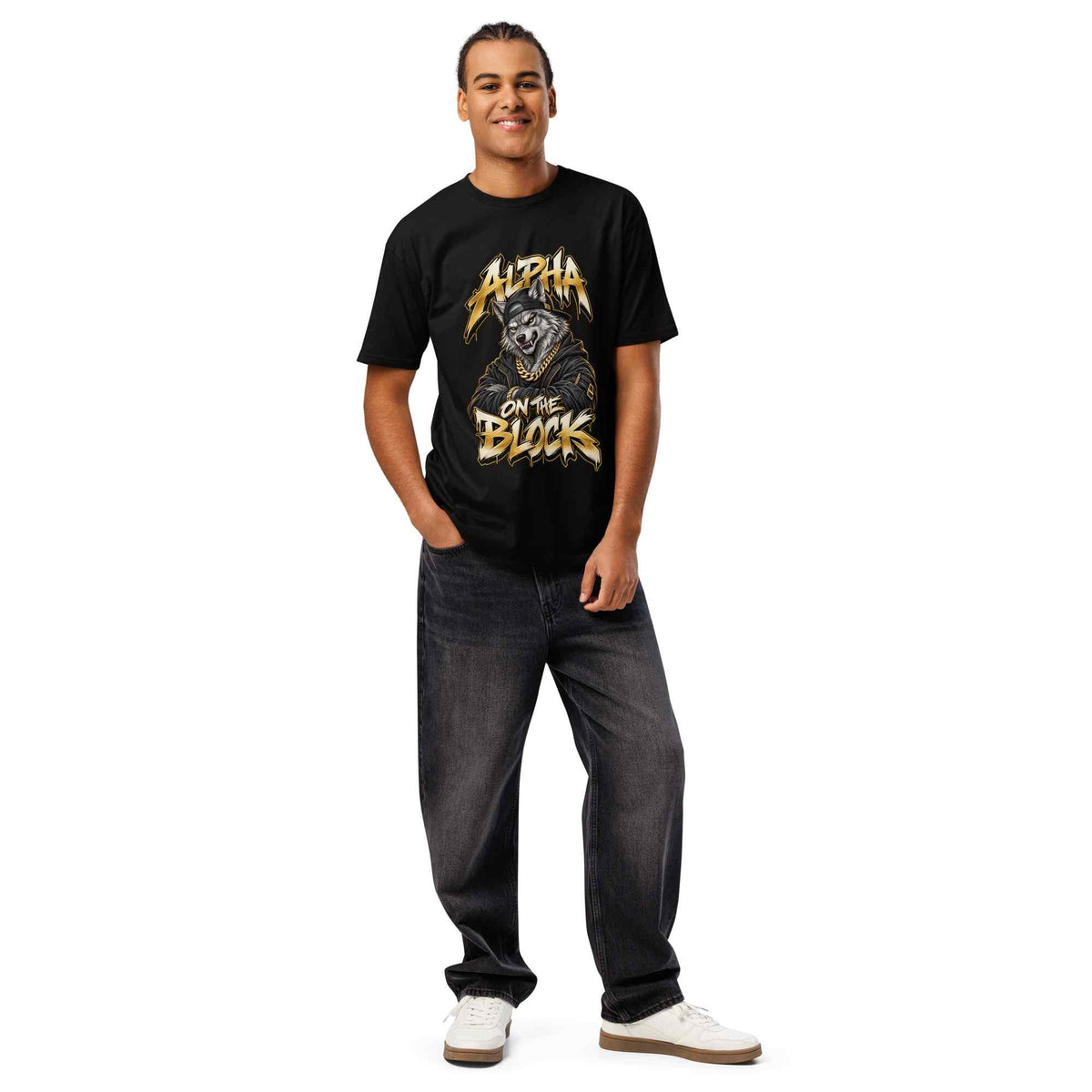 A guy wearing a black t-shirt with wolf graphic and text Alpha on the block on a white background