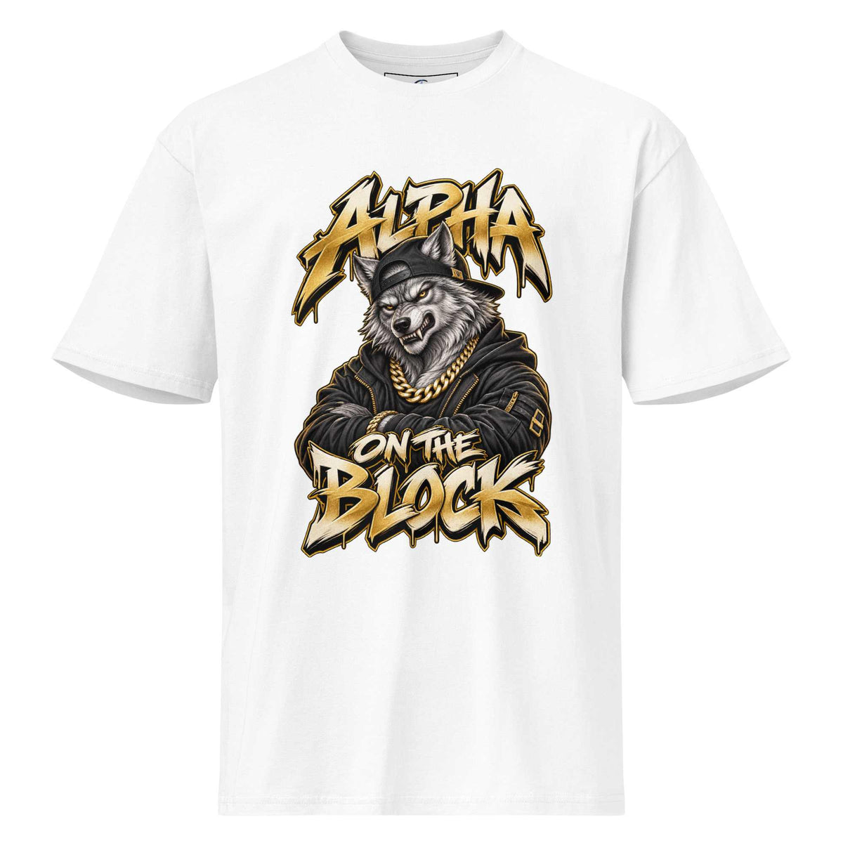 A white short-sleeve crewneck t-shirt featuring a large graphic print of a wolf wearing a gold chain and black jacket, with the text 'ALPHA ON THE BLOCK' in a stylized gold and black font.
