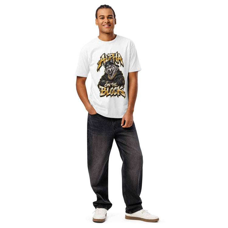 man wearing a white t-shirt with graphic wolf design on a white background