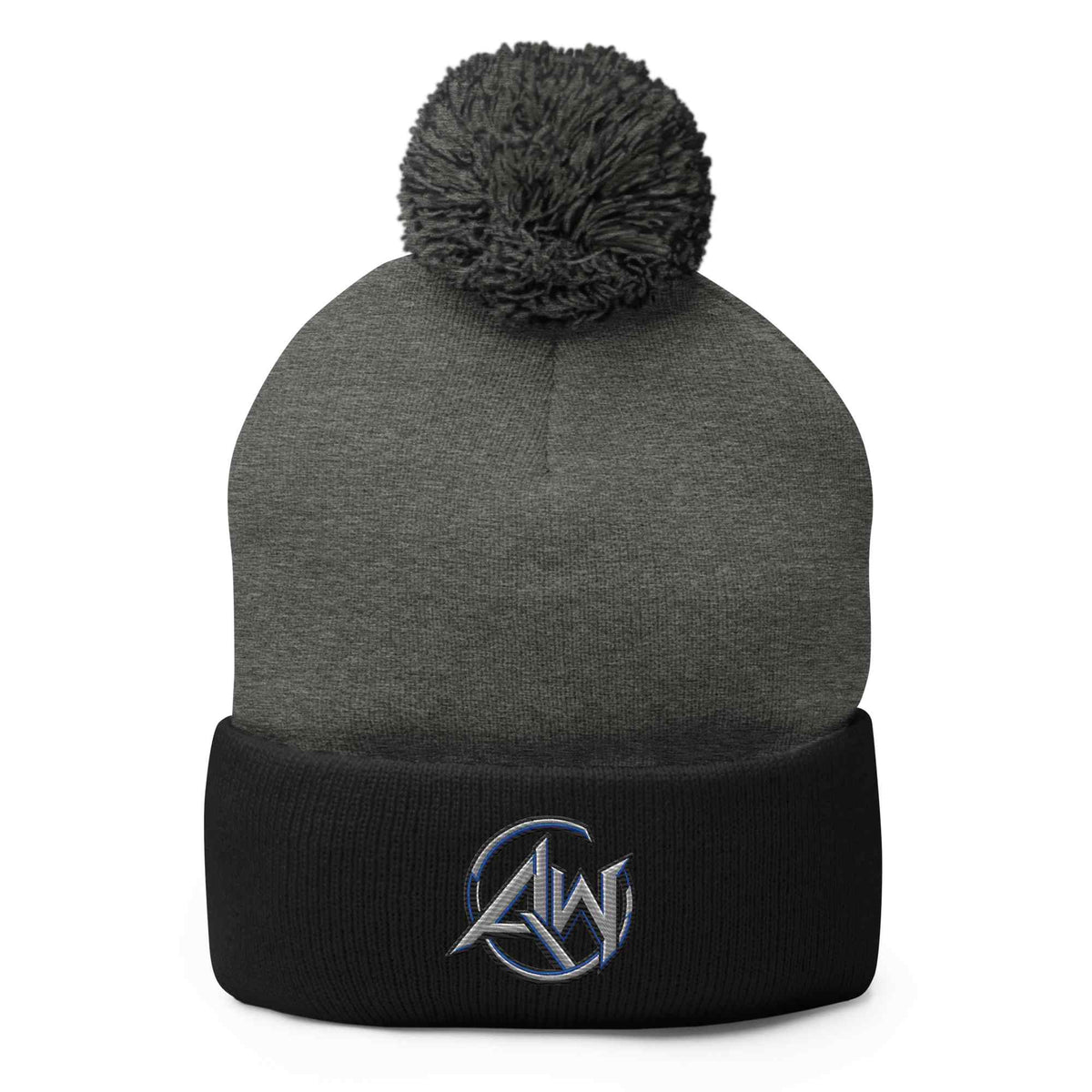 A dark gray and black knit pom-pom beanie with a white embroidered AW logo on the cuff, shown against a plain white background.