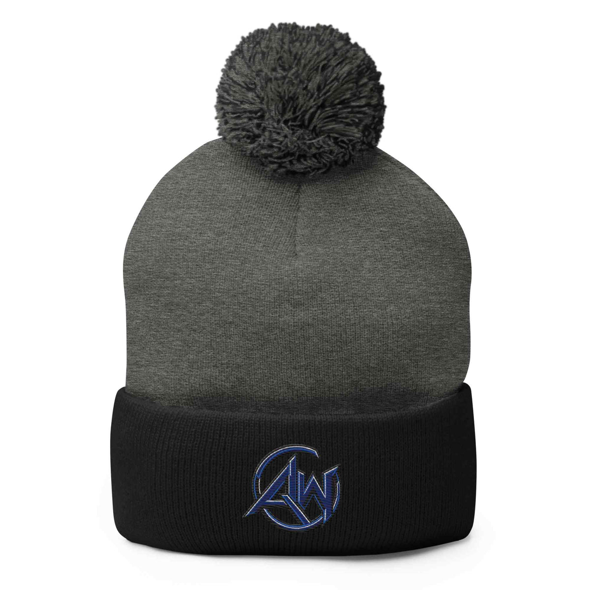 A dark gray and black knit pom-pom beanie with a cuffed brim featuring a blue and white embroidered 'AW' logo, shown on a plain white background.