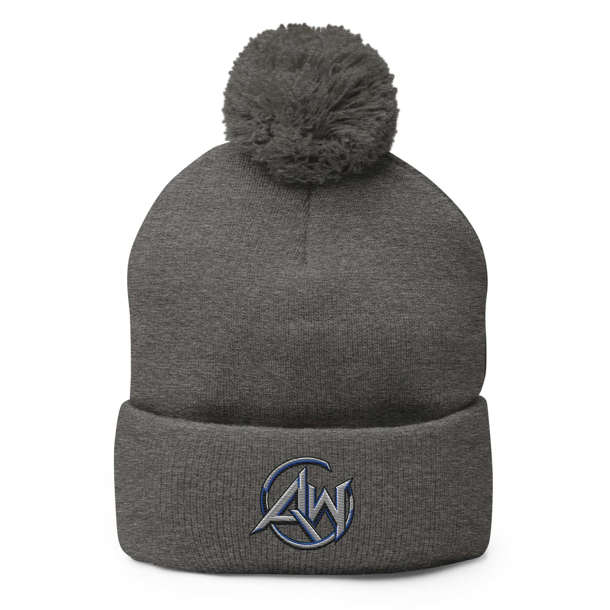 Gray beanie with pom-pom and AW logo on a white background