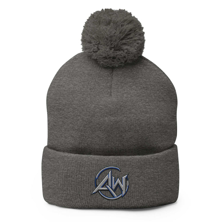 Gray beanie with pom-pom and AW logo on a white background