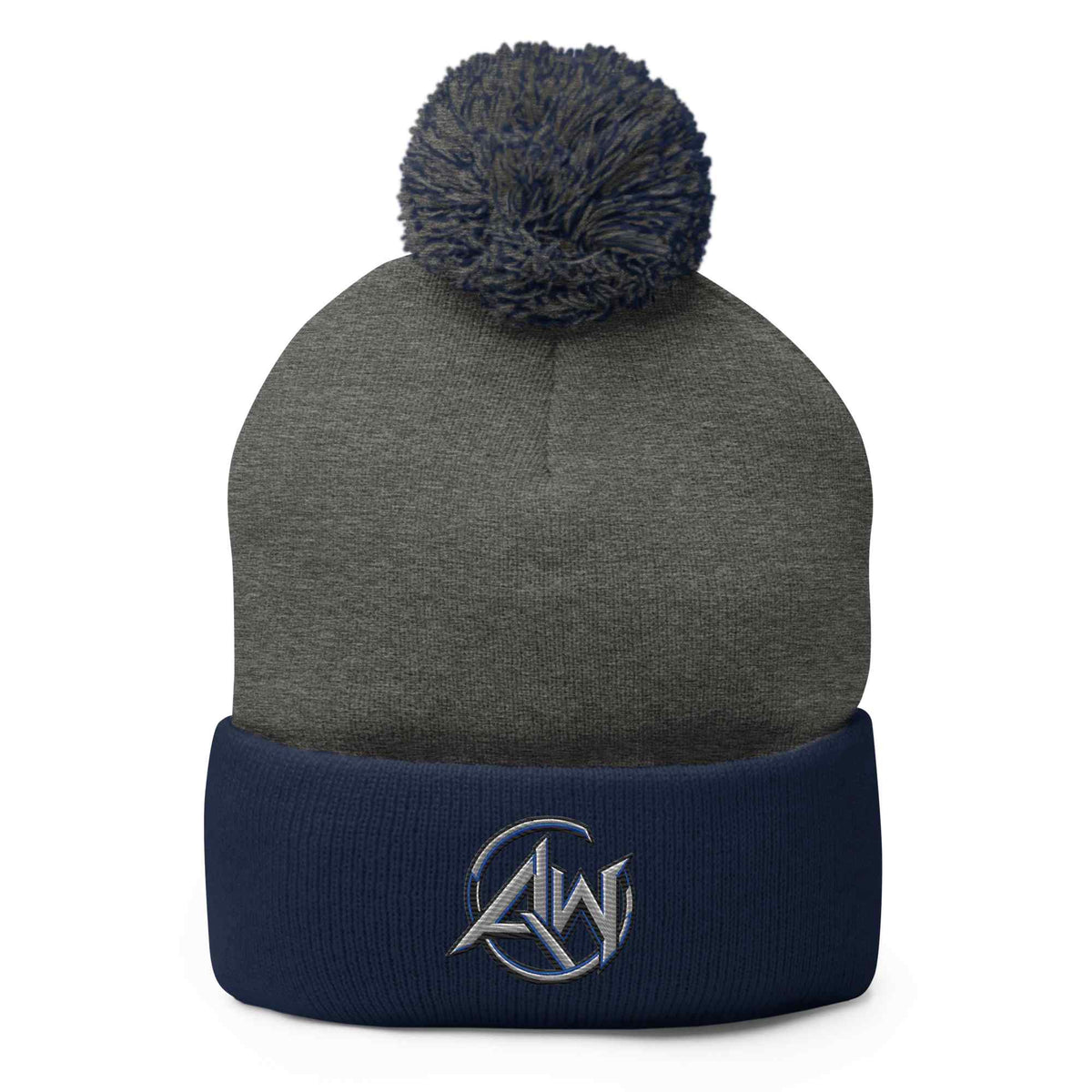 A dark gray knit beanie with a navy blue pom-pom and a matching navy blue folded cuff. The cuff features a small white embroidered AW logo