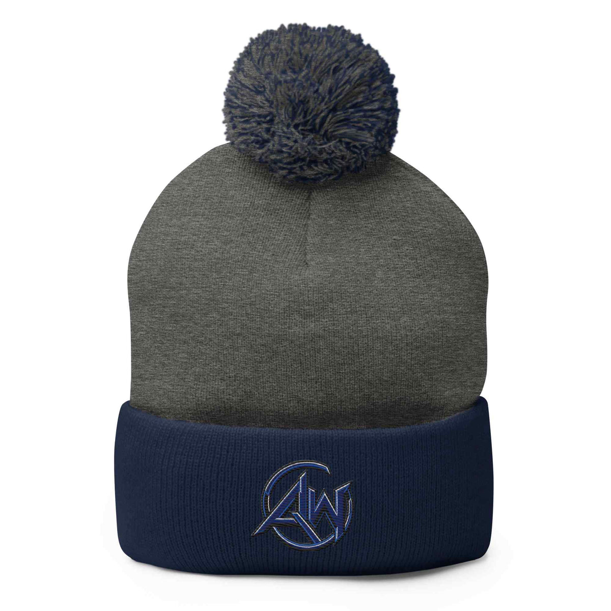 Gray beanie with pom-pom and navy band featuring an AW logo on a white background