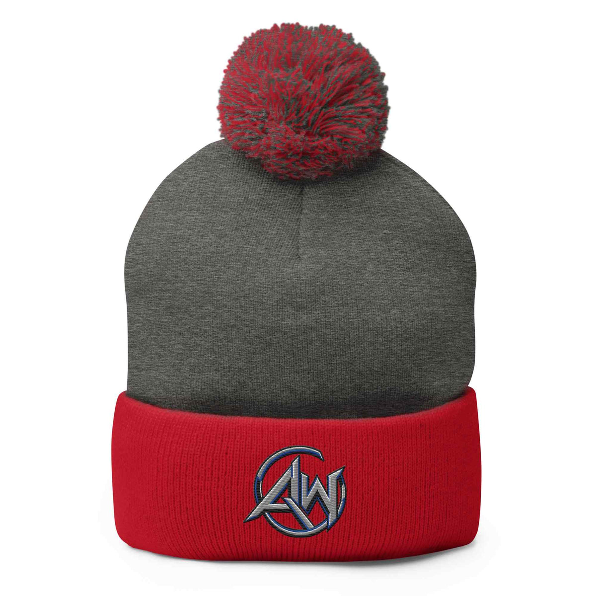 A gray and red knit beanie with a red pom-pom on top and a red cuff featuring a silver embroidered 'AW' logo, shown on a plain white background.