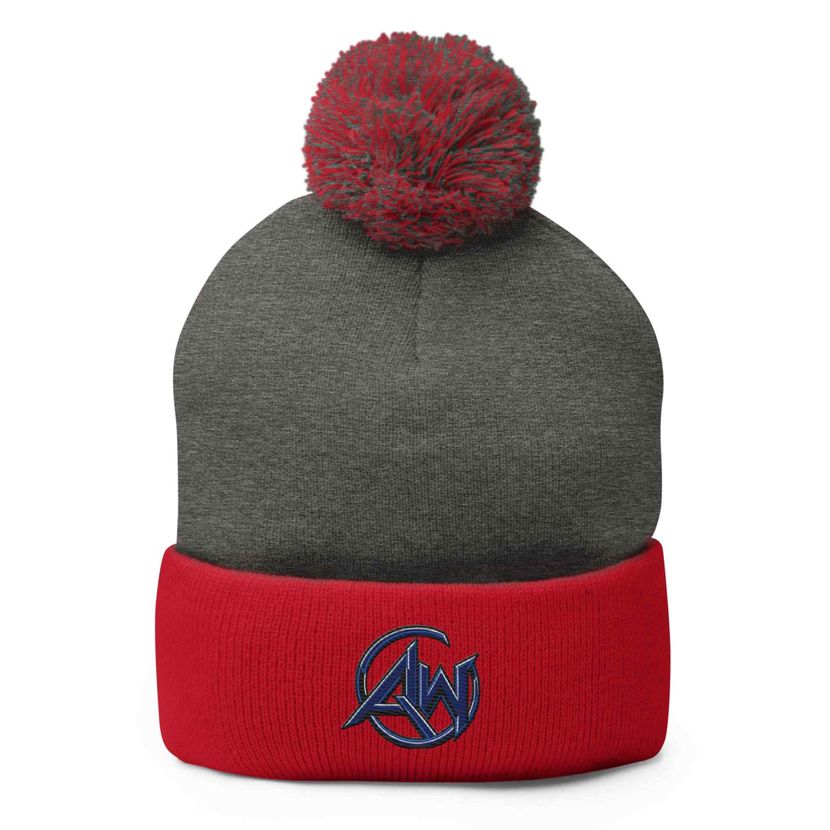 A gray knit beanie with a red pom-pom on top and a red cuff featuring a blue embroidered AW logo, shown on a plain white background.