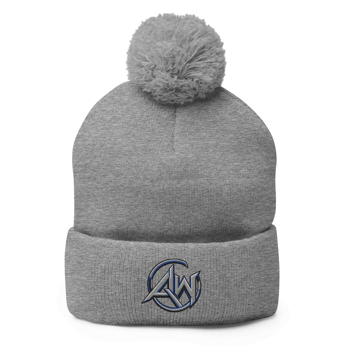 A heather gray knit beanie with a matching gray pom-pom on top and a folded cuff. A small graphic patch on the front cuff features the text 'AW logo