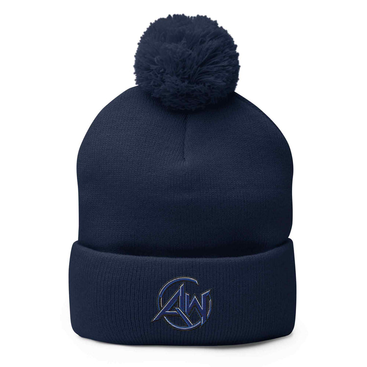 Navy blue beanie with pom-pom AW' logo on a white background