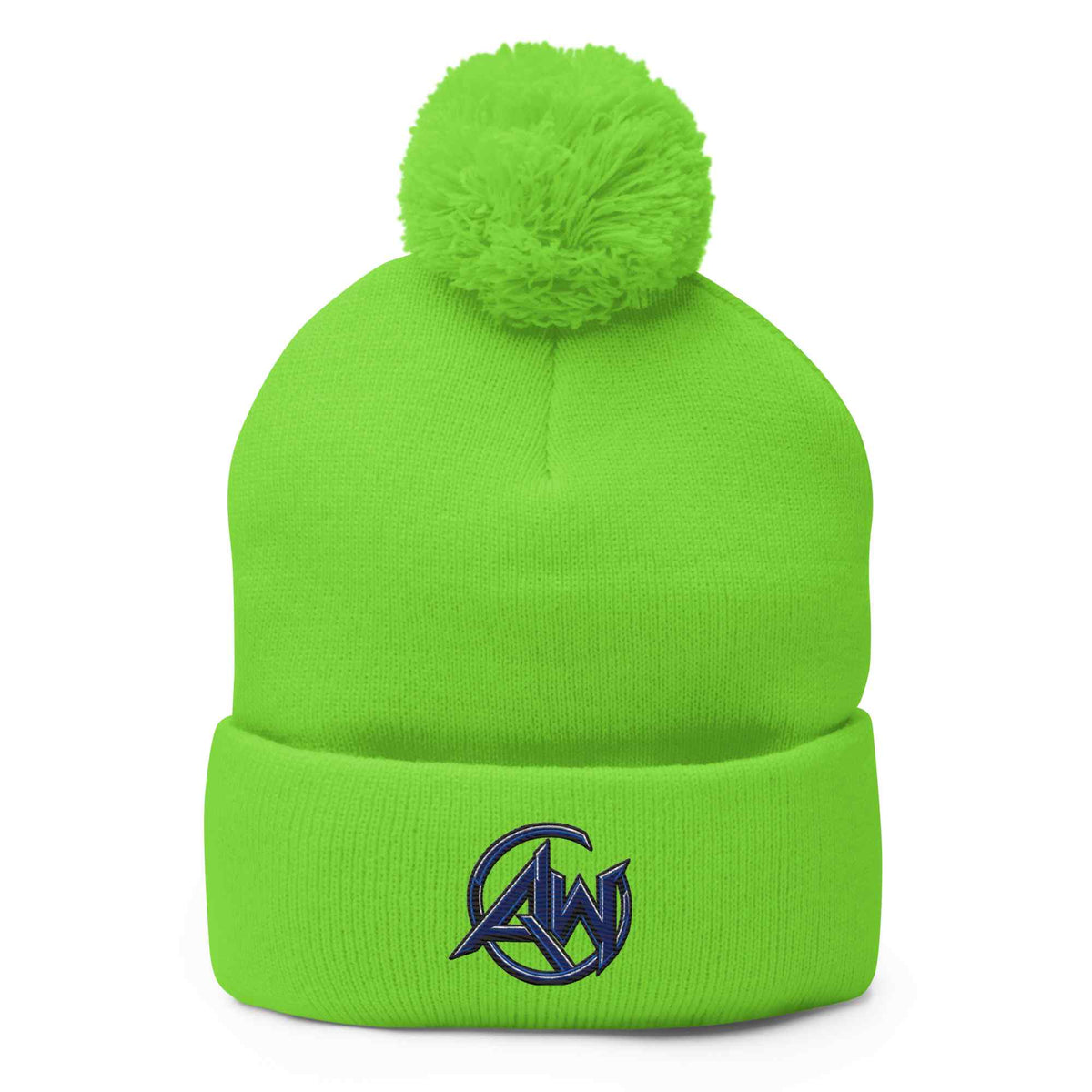 A bright lime green knit pom-pom beanie with a folded cuff and a navy blue embroidered circular 'AW' logo on the front, shown against a plain white background.