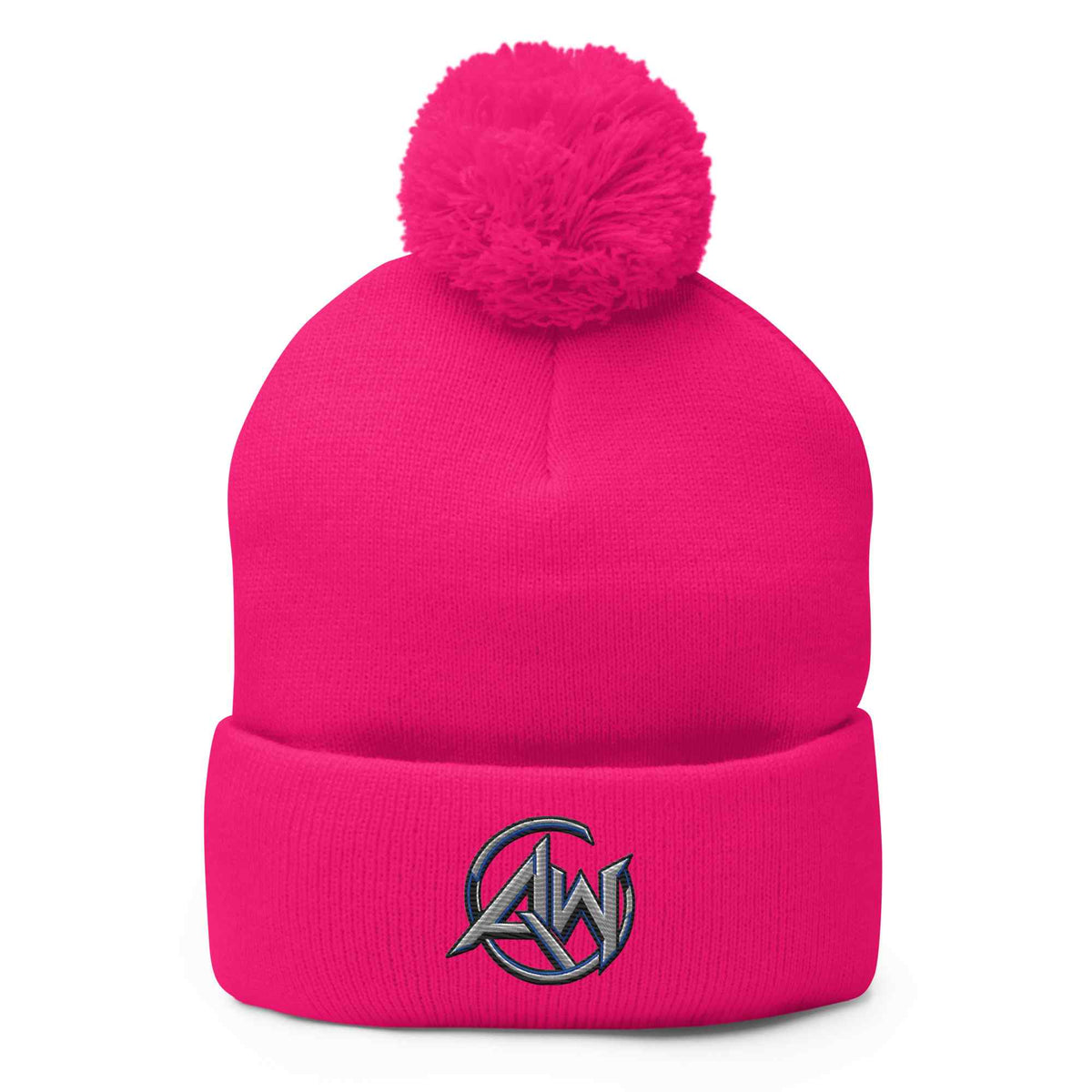 A bright pink knit beanie with a fluffy pom-pom on top and a folded cuff featuring a gray embroidered circular logo with the letters AW
