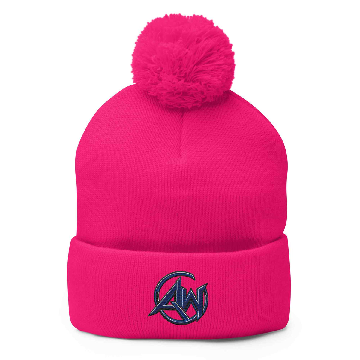 A bright pink knit beanie with a fluffy pom-pom on top and a folded cuff featuring a dark navy embroidered circular  AW logo with stylized letters, shown on a plain white background.
