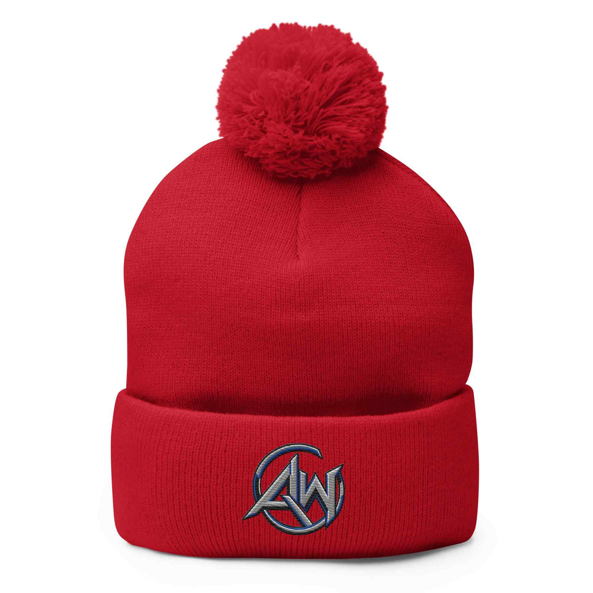 A red knit pom-pom beanie with a folded cuff and a silver embroidered 'AW' logo on the front, shown against a plain white background.