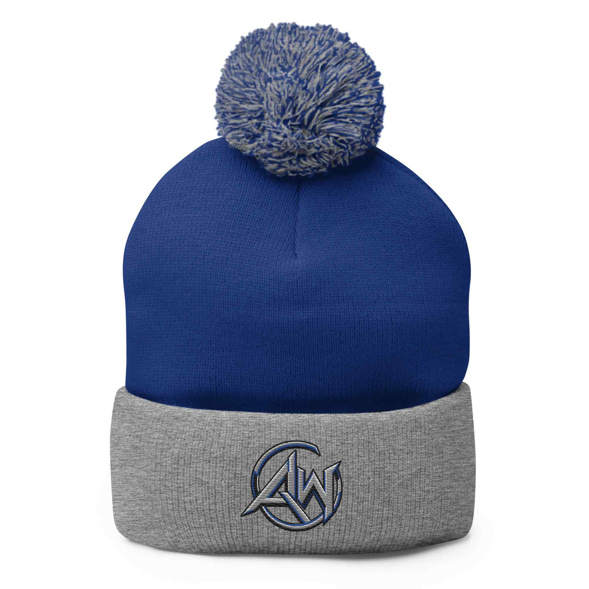 Blue and gray beanie with pom-pom on a white background