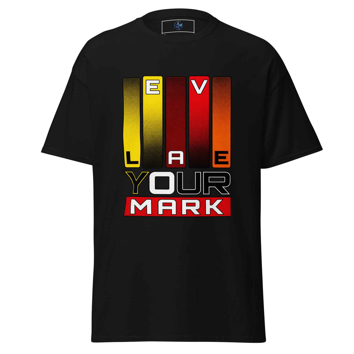 A black short-sleeve t-shirt with a graphic on the chest that reads 'LEAVE YOUR MARK' using vertical color-gradient bars in yellow, red, and orange, set against a plain white background.