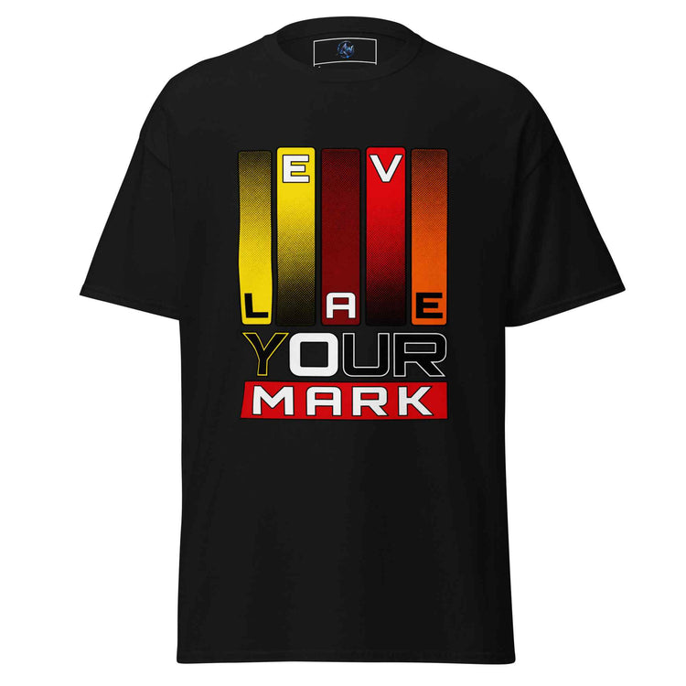 A black short-sleeve t-shirt with a graphic on the chest that reads 'LEAVE YOUR MARK' using vertical color-gradient bars in yellow, red, and orange, set against a plain white background.