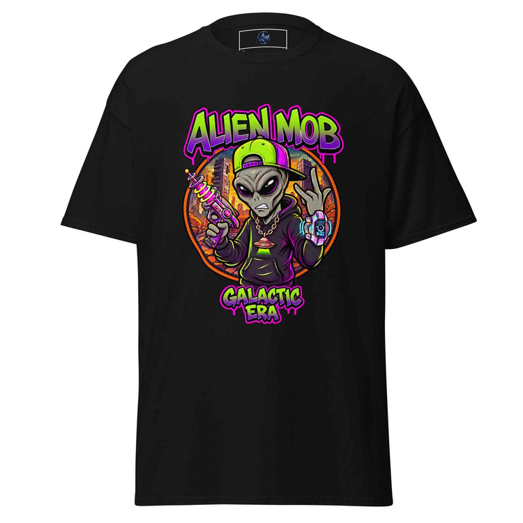 A black short-sleeve t-shirt with a colorful graphic print on the front. The graphic features a cartoon alien wearing a green cap and holding a pink gun, with the text 'ALIEN MOB' above and 'GALACTIC ERA' below in a purple and green graffiti font.