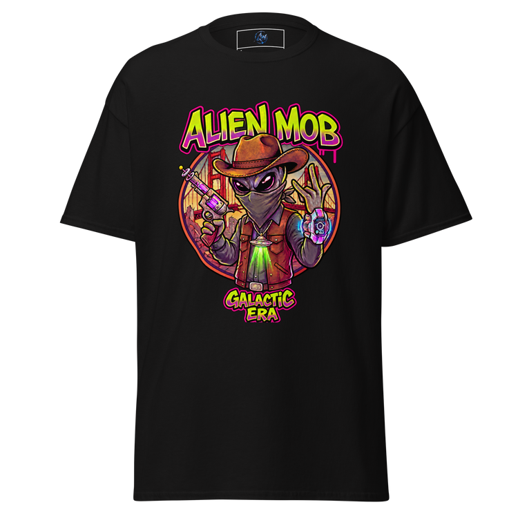 Black Tee With a graphic print on Alien Character cowboy outlaw Text Alien MOB  GALATIC ERAon a checkered background